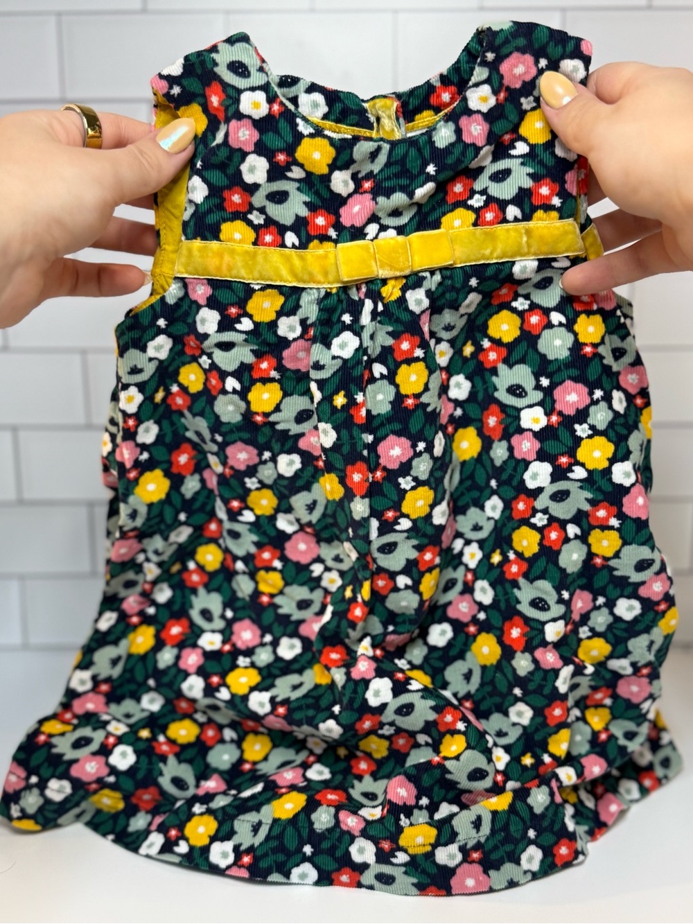 Baby Boden Dark Green Floral Corduroy Skirt with Yellow Velvet Bow